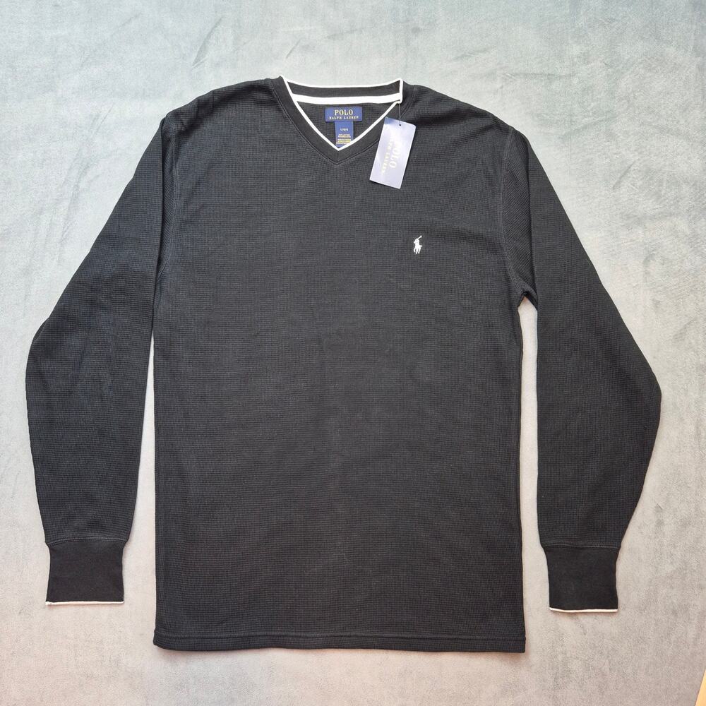 Polo Ralph Lauren Shirt Mens Large Black Waffle Knit V-Neck NEW Thermal Pullover